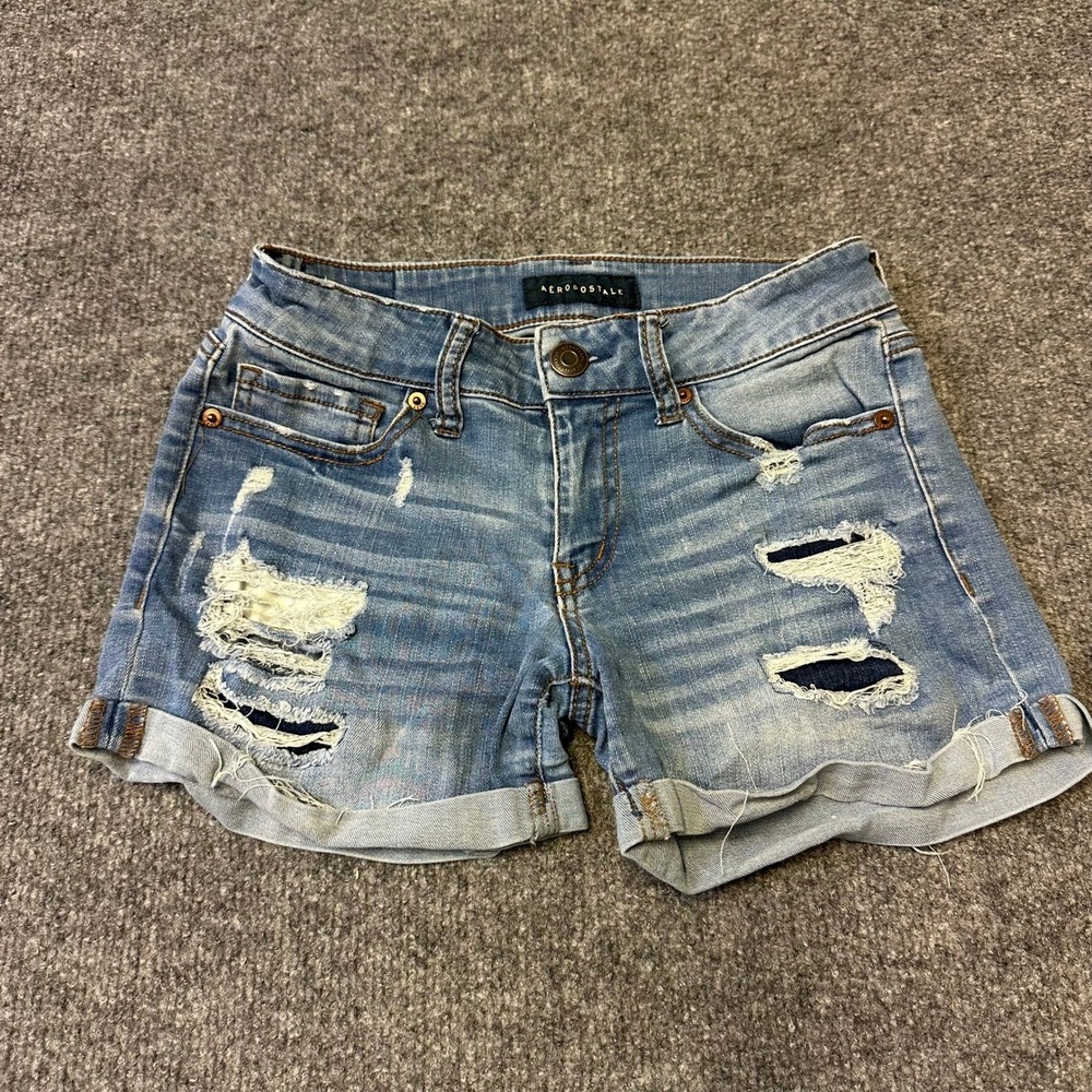 Aeropostale Shorts Womens Size 0 Blue Distressed Low Rise Cuffed Stretch Denim